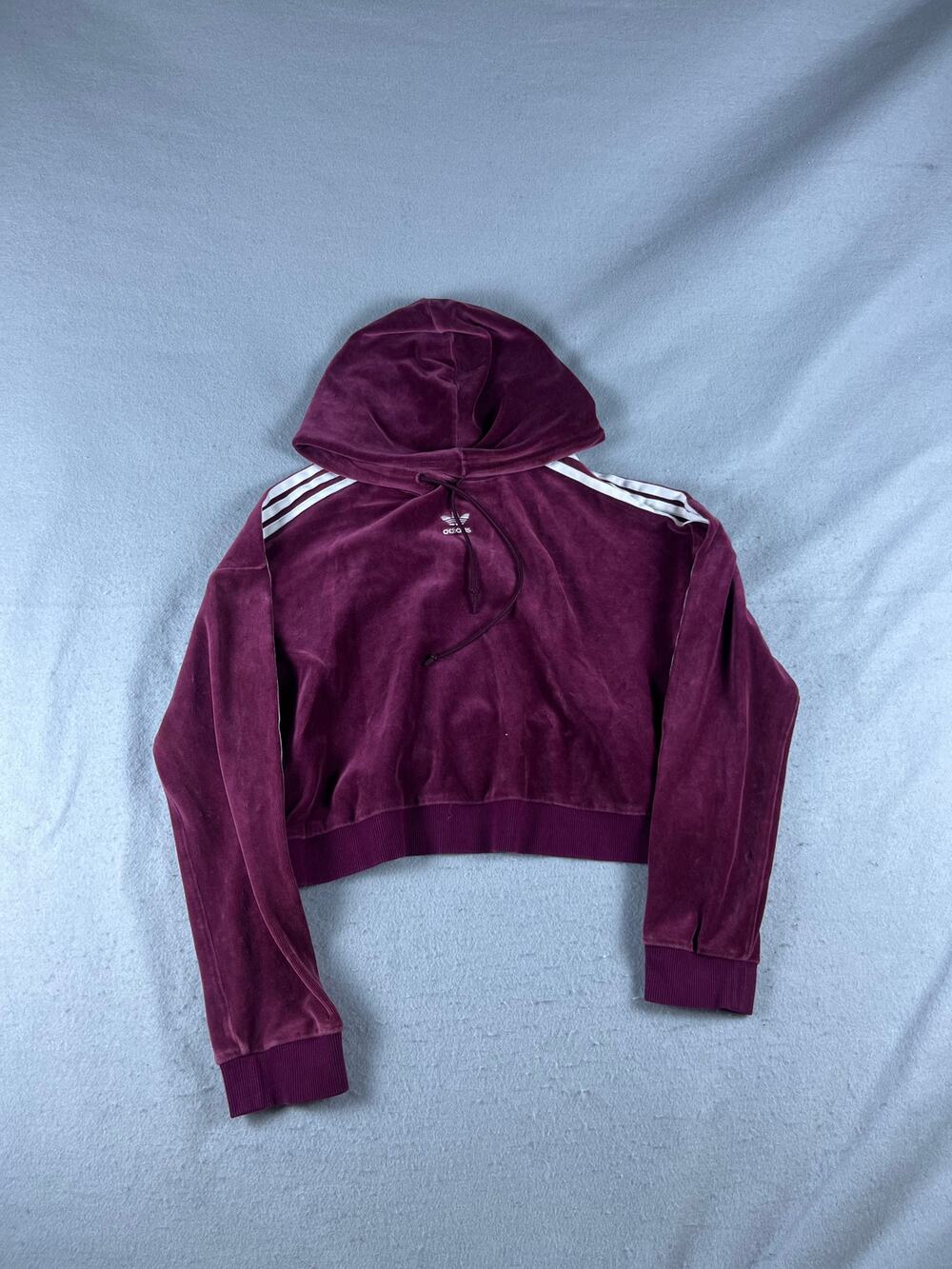 Adidas Cropped Hoodie Womens 6 Purple 3-Stripes Velour Sweatshirt Y2K Sports